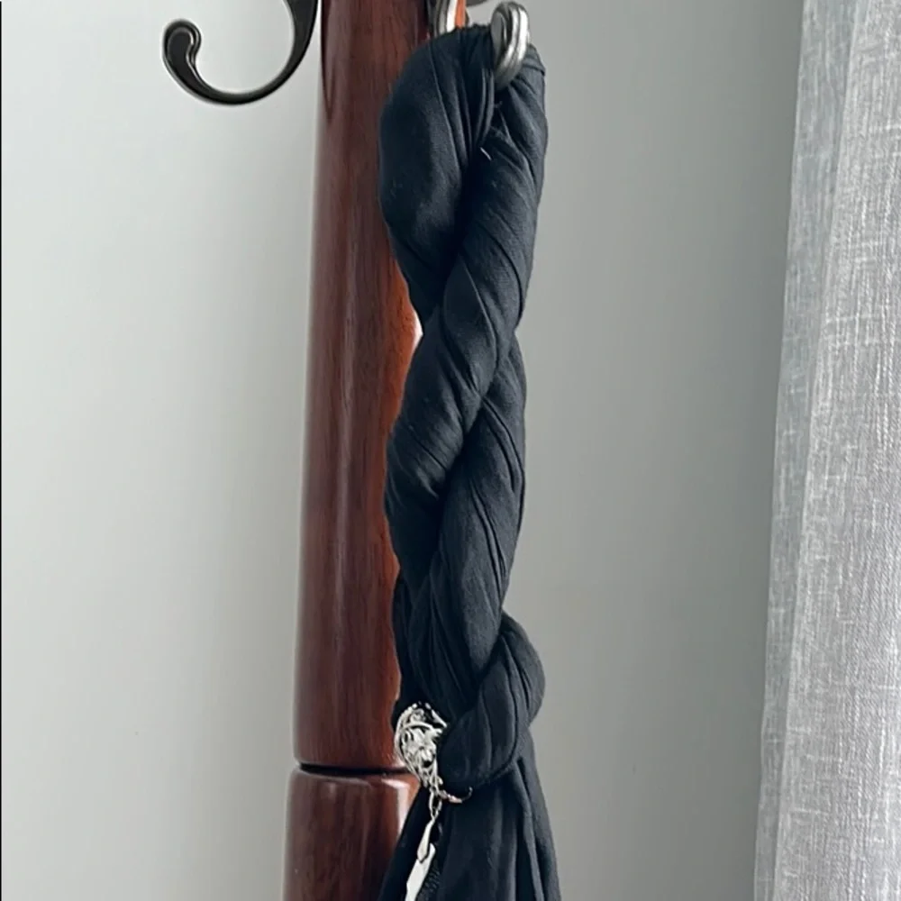 Vintage Black Scarf With Silver Charm & Tassels